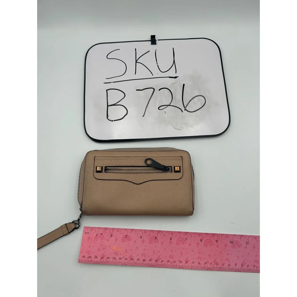 Rebecca Minkoff Avery Pebbled Leather Zip Around Wristlet Wallet Tan Gunmetal